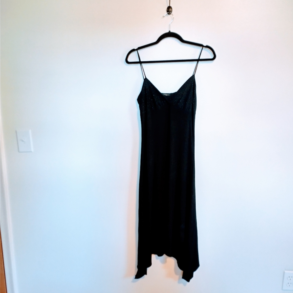 Forever 21 Y2K black dress with asymmetric hem and spaghetti straps, small rear